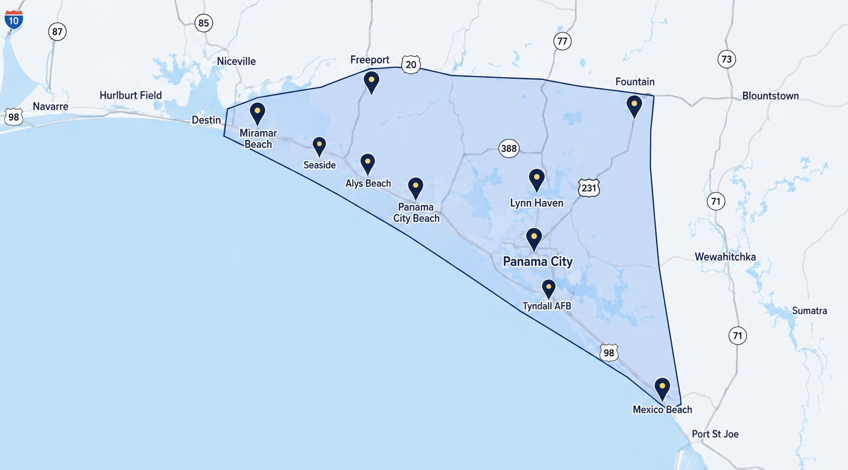 Expert Locksmith mobile service area map covering Panama City Beach, 30A, Bay County and surrounding communities